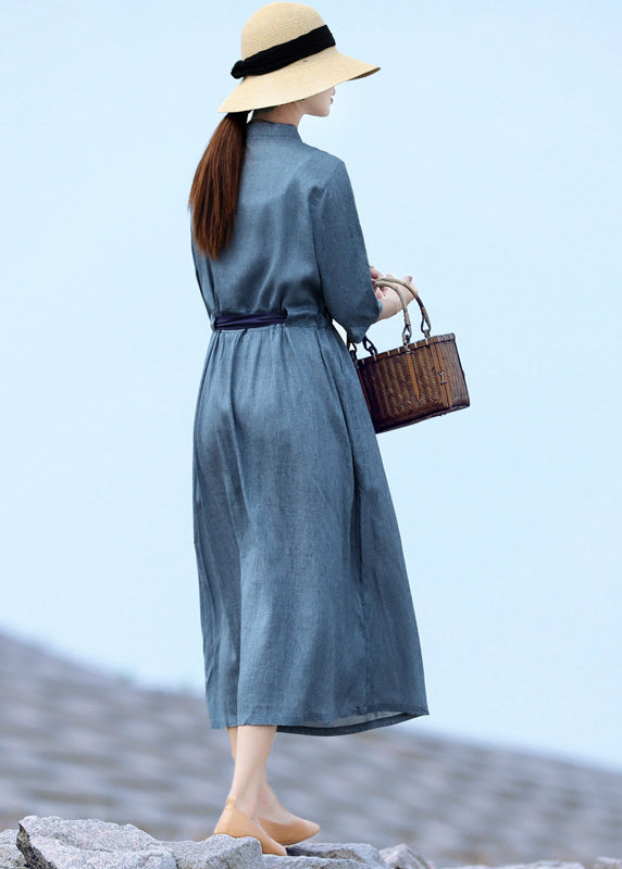 Blue Stand Collar Tie Waist Button Holiday Dresses Half Sleeve