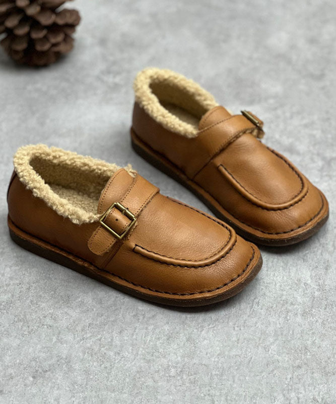 Chocolate Flat Shoes for Cowhide Leather Fuzzy Wool Lined Flat Shoes for