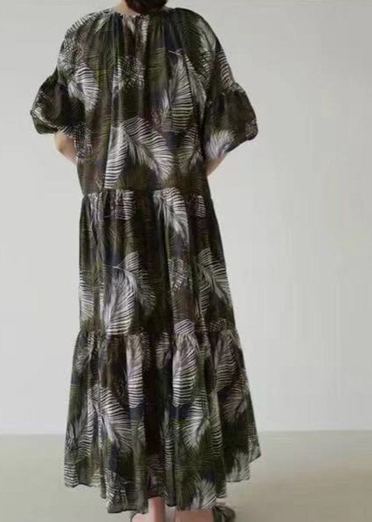 Black O-neck Print Long Dress Short Sleeve