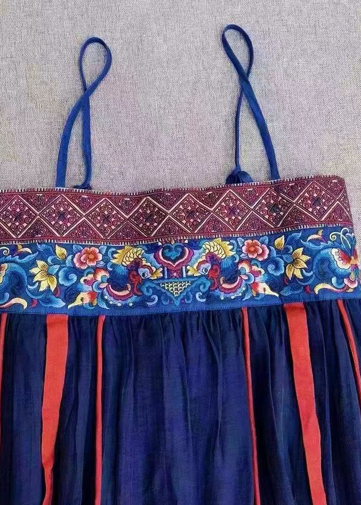 Navy Embroideried Patchwork Linen Spaghetti Strap Dress Sleeveless