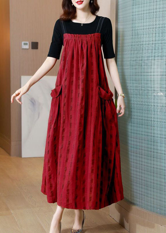 Red Striped Exra Large Hem Linen Strap Dress Two Pieces Set Summer