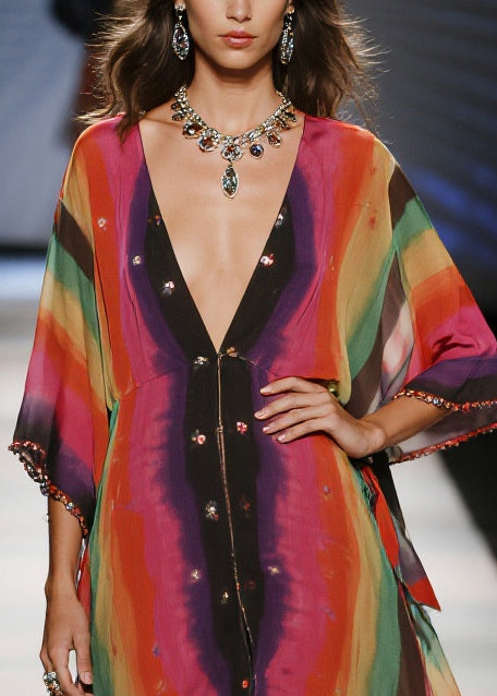 Red Tie Dye Draping Chiffon Vacation Dresses Summer