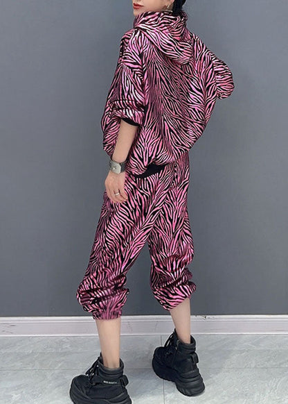 Vogue Rose Striped Print Hooded Top and Pants Two Pieces Set Fall