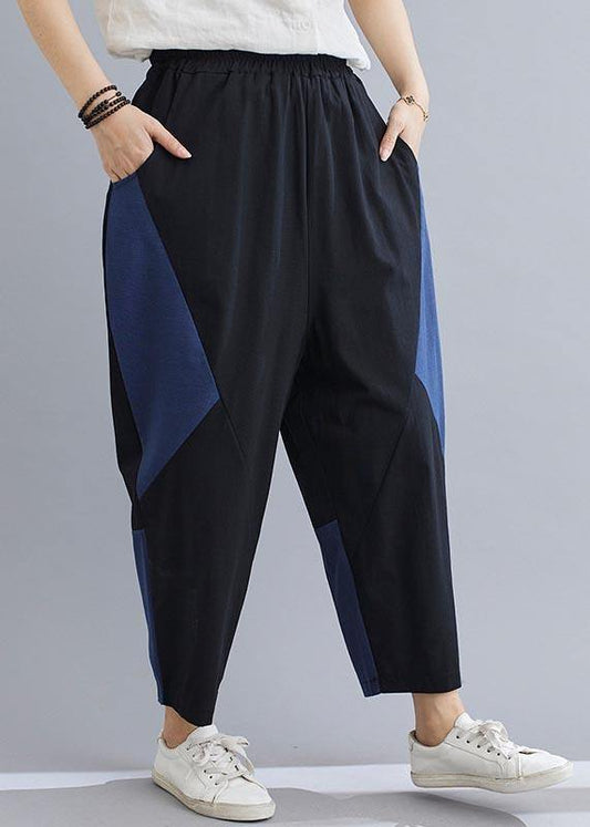 Navy Patchwork Elastic Waist Radish Trousers Pants Summer Cotton Linen