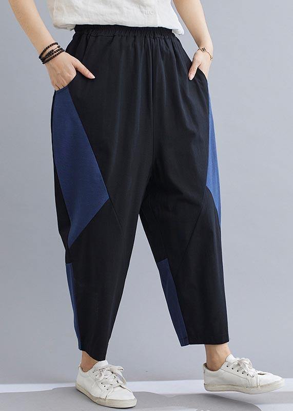 Navy Patchwork Elastic Waist Radish Trousers Pants Summer Cotton Linen
