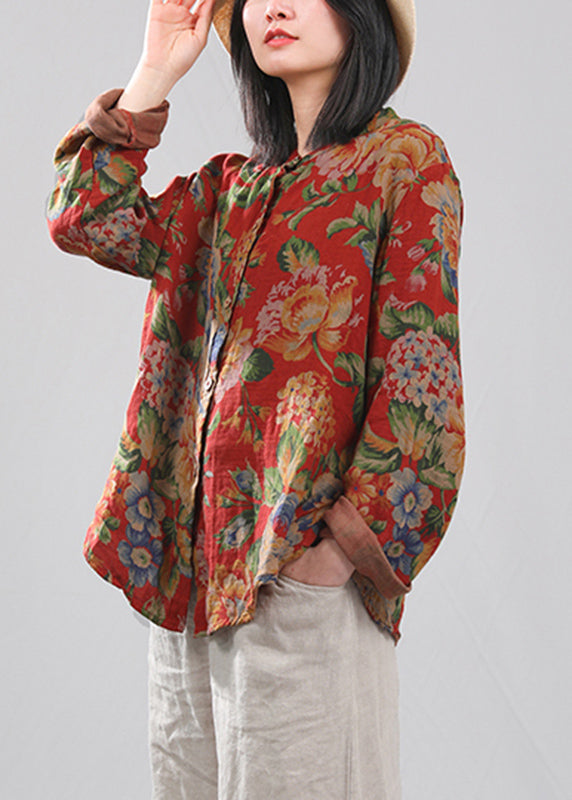 Retro Red O-neck Print Button Cotton Shirts Long Sleeve