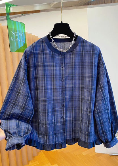 Blue O Neck Plaid Ruffled Cotton Shirt Top Fall