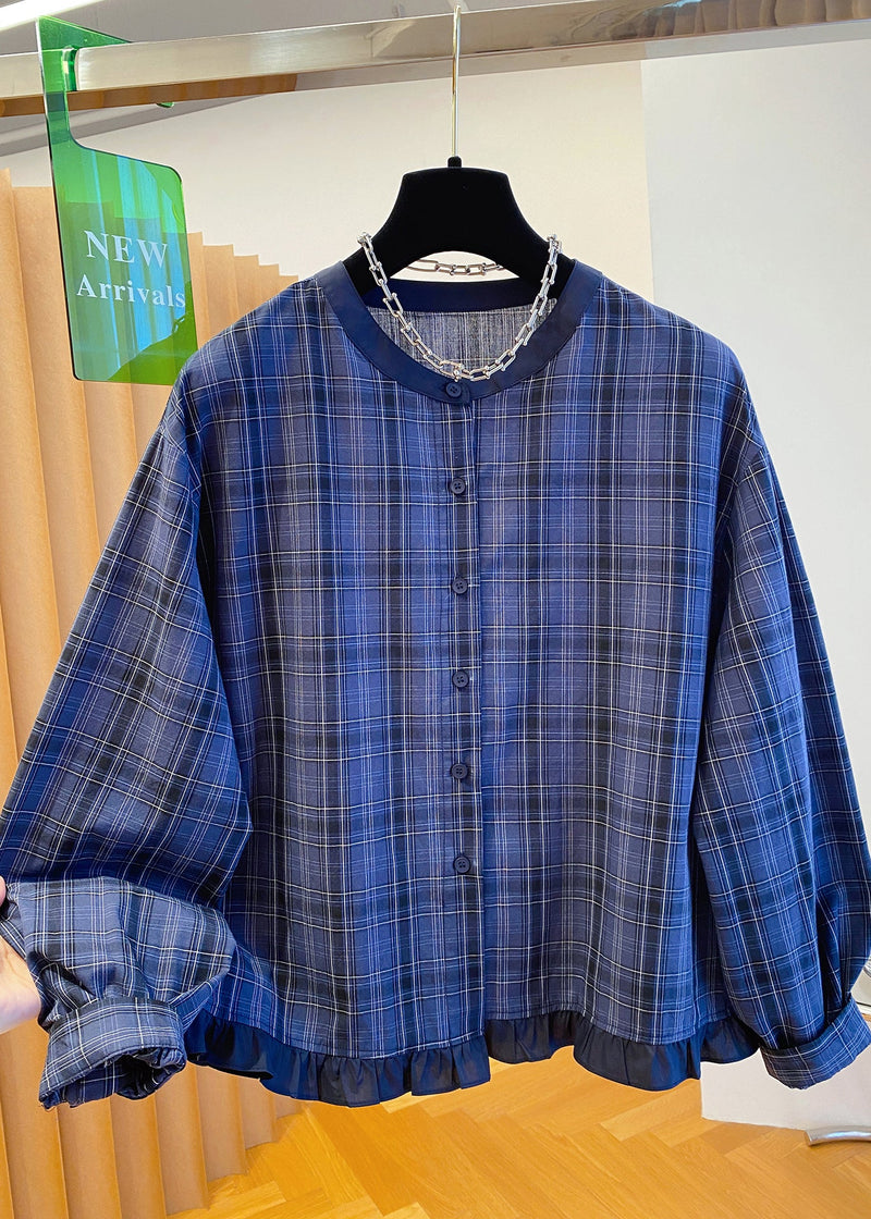 Blue O Neck Plaid Ruffled Cotton Shirt Top Fall