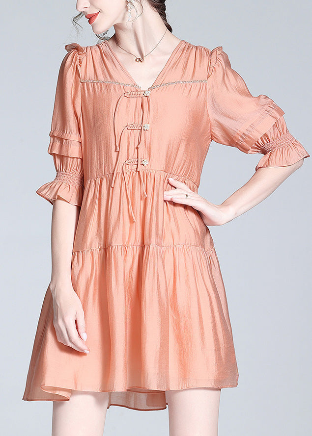 Orange V Neck Patchwork Button Silk Mid Dress Summer