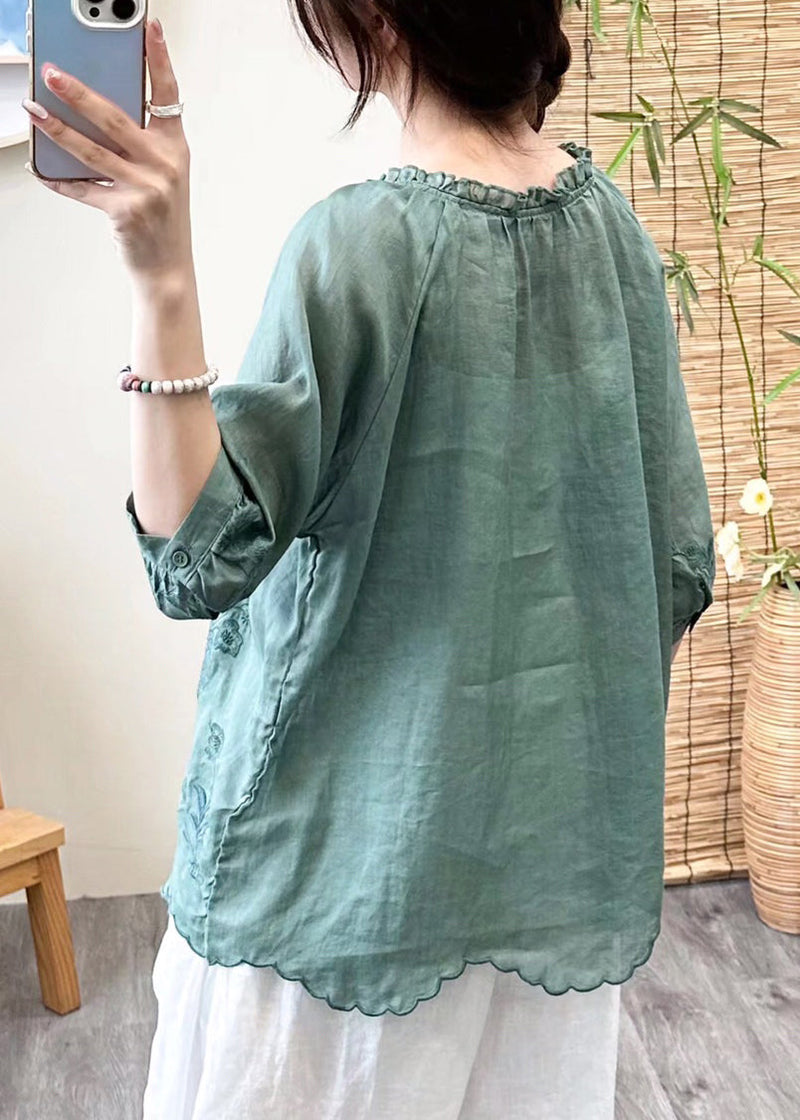 Brief Green O-neck Embroideried Ruffled Patchwork Linen Top Fall