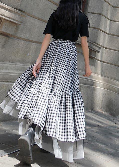 Black White Plaid Ruffles Patchwork Lace Skirt Summer