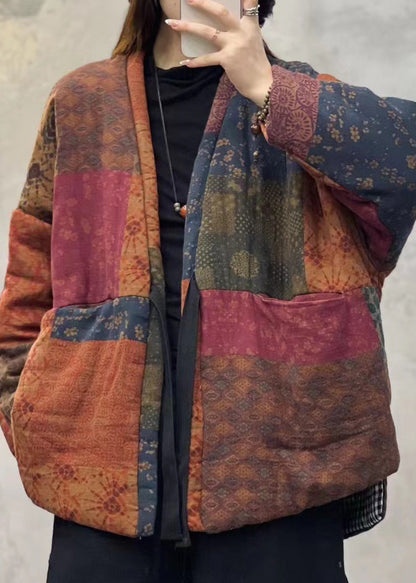 Orange V Neck Pockets Patchwork Fine Cotton Filled Jackets Winter