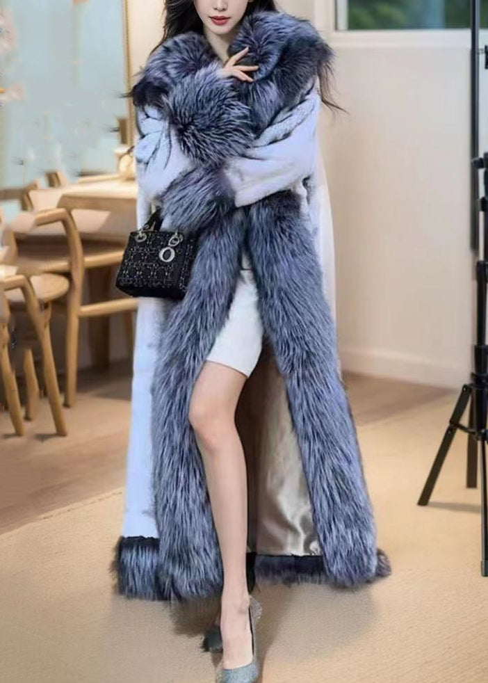Natural White Fox Collar Tie Waist Leather and Fur Maxi Coats Winter