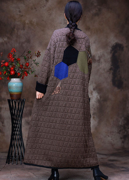 Chocolate O-neck Patchwork Applique Fine Cotton Filled Witner Coat Long Sleeve