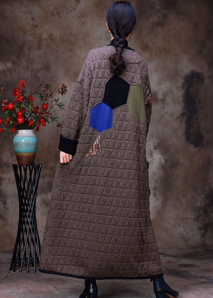 Chocolate O-neck Patchwork Applique Fine Cotton Filled Witner Coat Long Sleeve