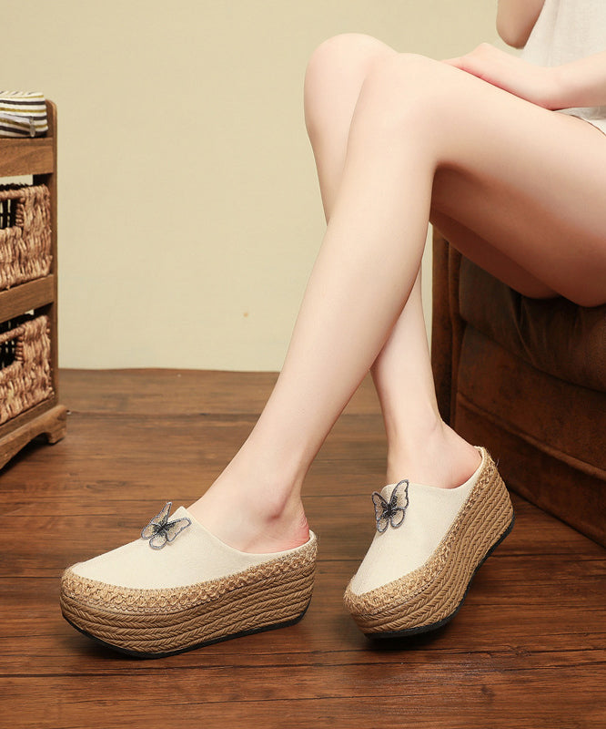 Beige Butterfly Cotton Fabric Wedge Heels Slide Sandals