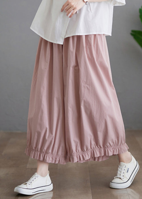 Pink Ruffled Pockets Elastic Waist Cotton Pants Skirt Fall