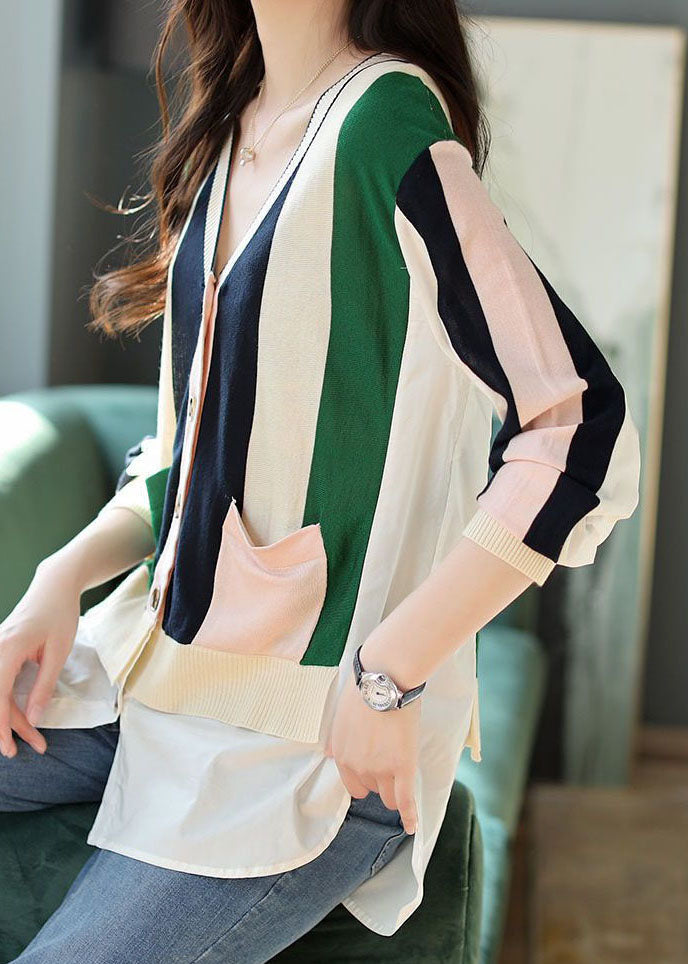 Colorblock V Neck Patchwork Striped Knit Cardigans Spring