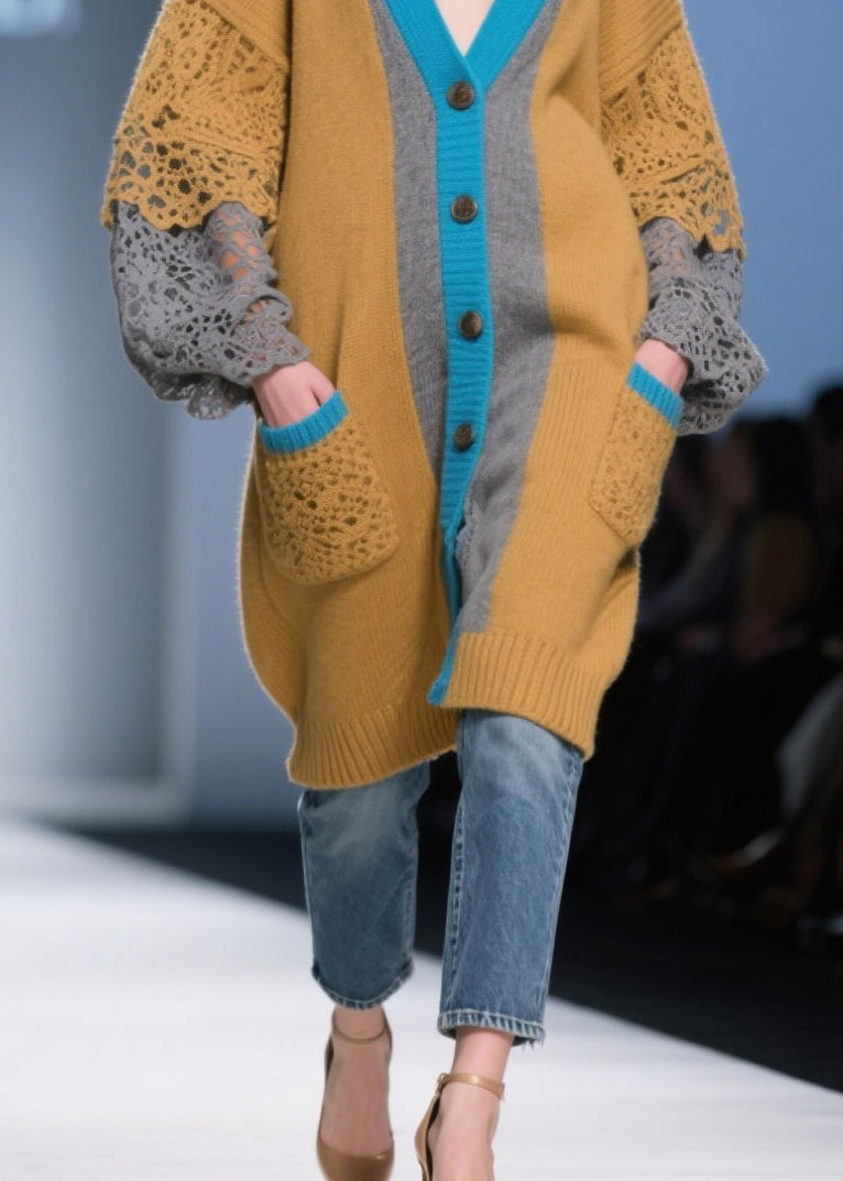 Brown Oversized Patchwork Lace Knit Cardigans Fall