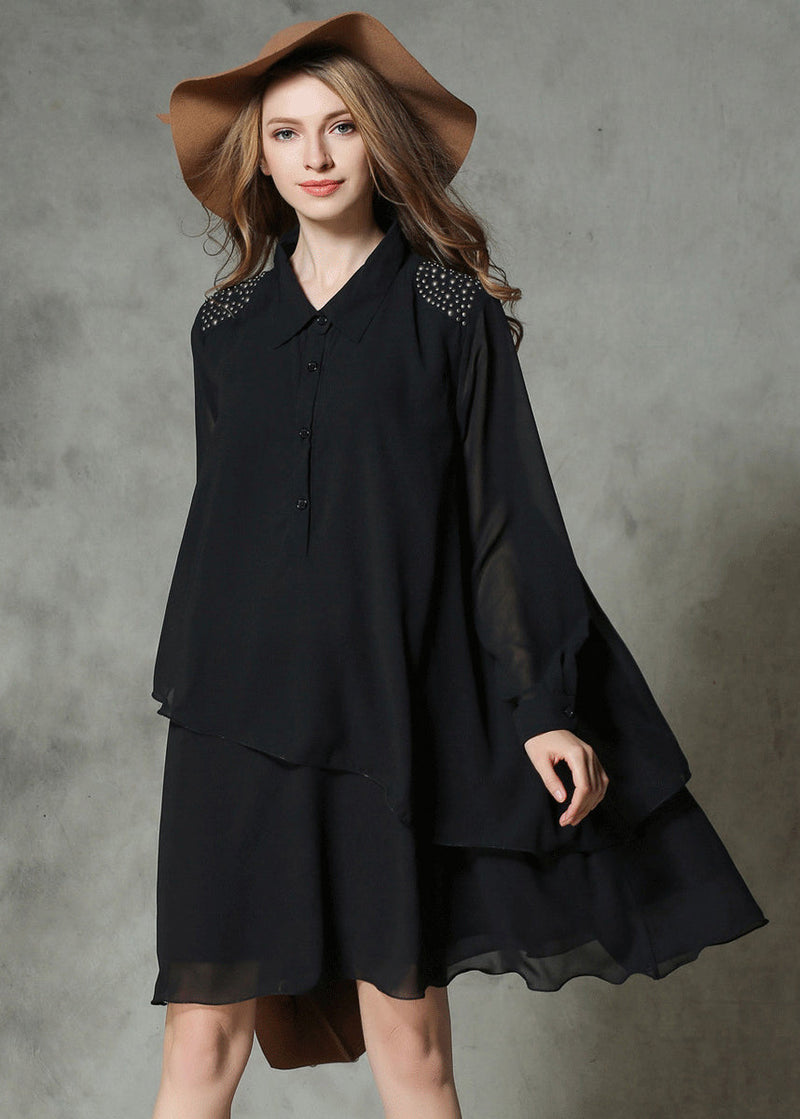 Diy Black Asymmetrical Design Rivet Chiffon a Line Dresses Spring