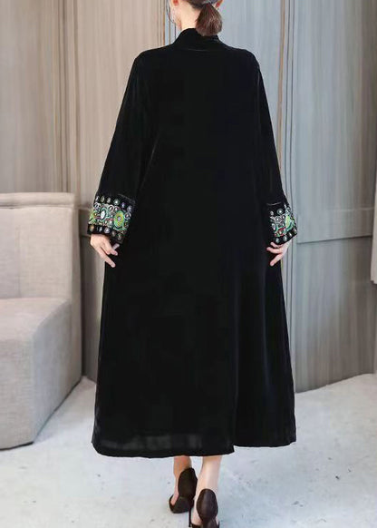 Black V Neck Embroideried Patchwork Velour Cardigan Fall