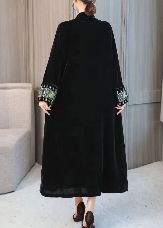 Black V Neck Embroideried Patchwork Velour Cardigan Fall