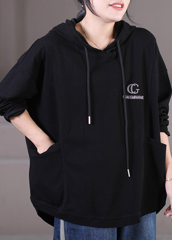 Black Alphabet Graphic Drawstring Hooded Sweatshirt Fall