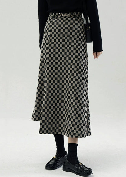 Plaid Side Open High Waist Cotton Skirt Fall