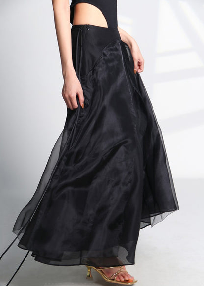 Italian Black Lace Up High Waist Tulle Skirt Summer