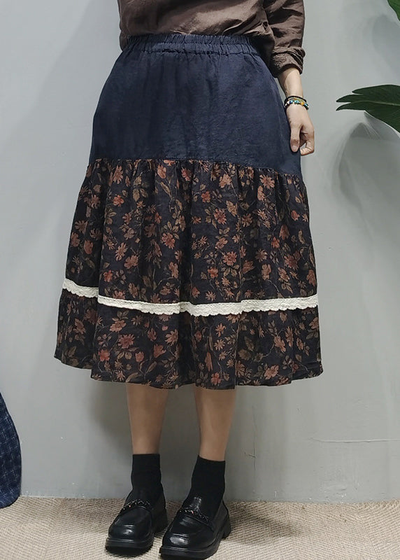 Chocolate Elastic Waist Lace Patchwork Print Linen a Line Skirts Summer