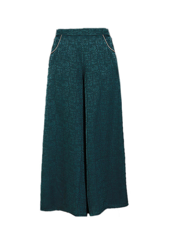 Green Elastic Waist Pockets Wrinkled Silk Wide Leg Pants Summer