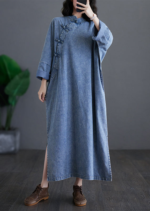 Denim Blue Stand Collar Patchwork Button Side Open Maxi Dresses Spring