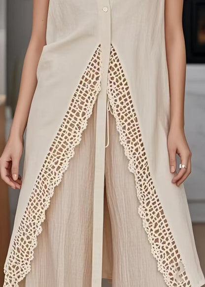 Apricot Side Open Patchwork Lace Long Vests Sleeveless