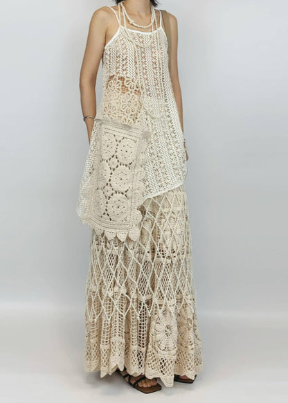 Beige Hollow Out Asymmetrical Design Knit Two-piece Set Summer