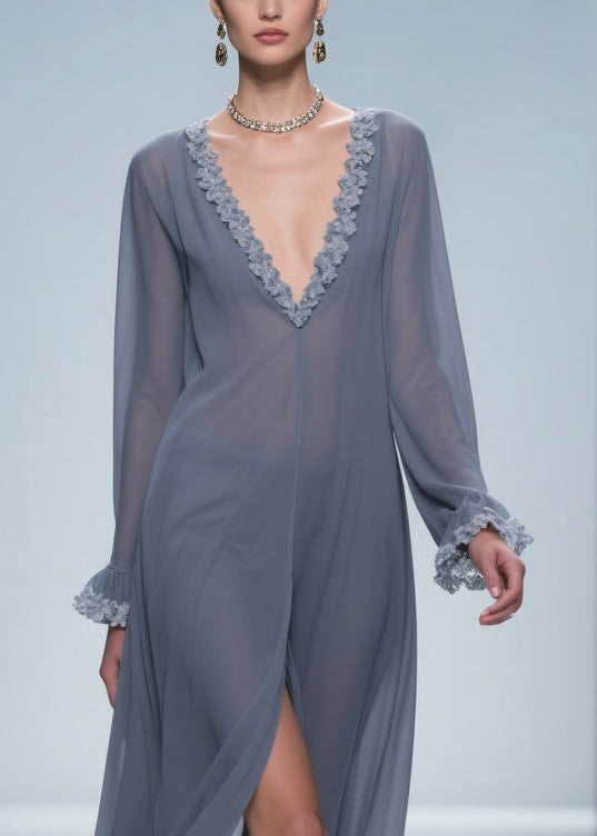 Grey Lace Side Open Chiffon Dress Flare Sleeve