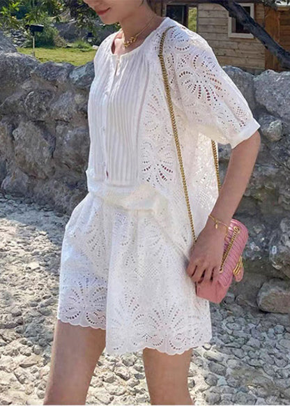 French White O-neck Shirt and Shorts Two Pieces Set Short Sleeve