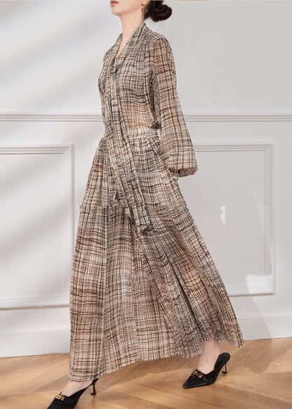 French Brown Bow Plaid Chiffon Two Piece Suit Set Fall