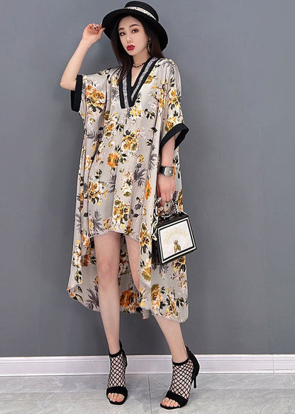 Yellow V Neck Asymmetrical Print Chiffon Beach Dress Batwing Sleeve