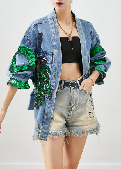 Blue Peacock Sequins Elastic Waist Denim Coats Fall