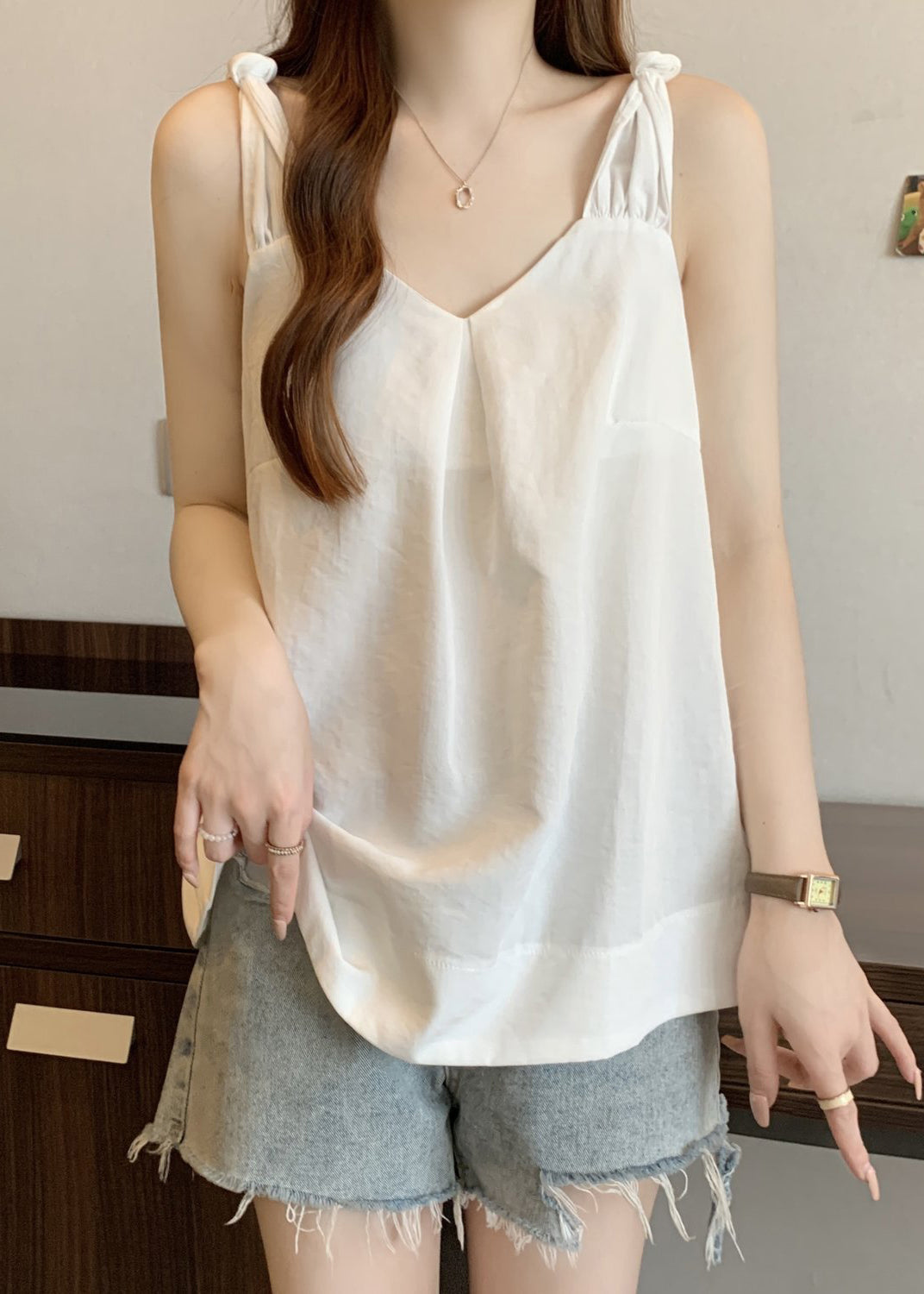 White Wrinkled Cotton Tank V Neck Summer