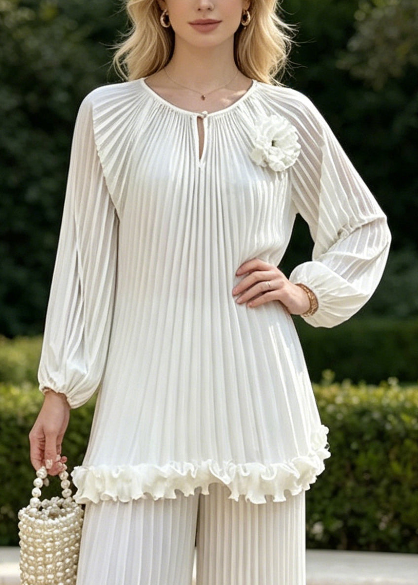 White Oversized Chiffon Pleated Two Pieces Set Spring