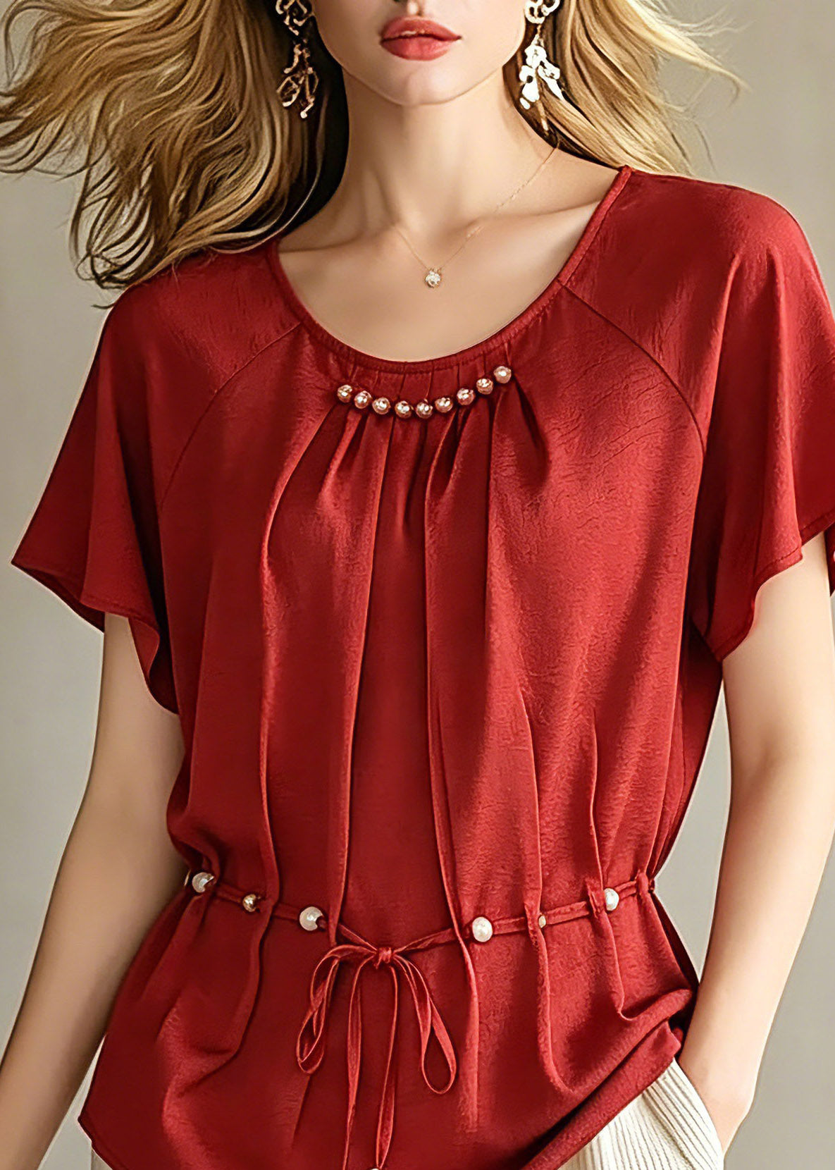 Red Wrinkled Tie Waist Chiffon Top Short Sleeve