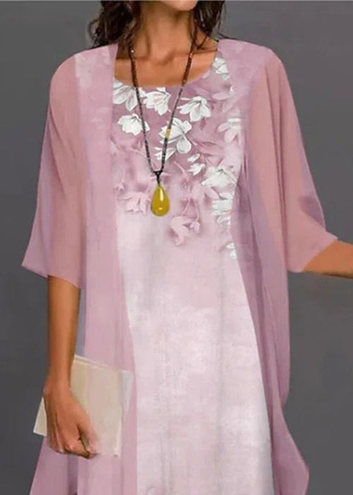 New Pink O-neck Print Chiffon Two Pieces Set Half Sleeve
