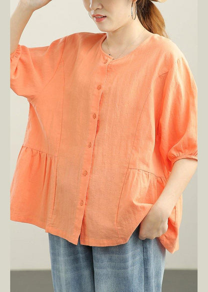 Orange Cinched Lantern Sleeve Linen Summer Blouses