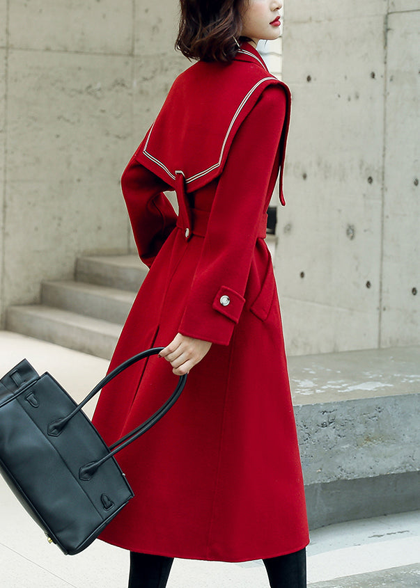Red Button Pockets Tie Waist Woolen Coats Winter