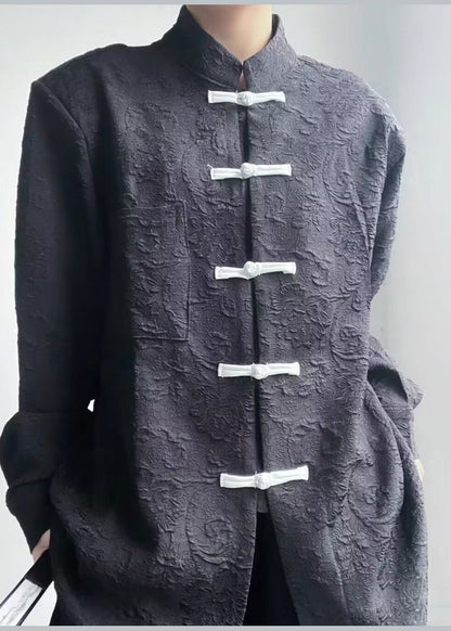 Black Stand Collar Chinese Button Patchwork Cotton Top Fall