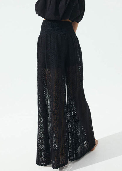 New Black Hollow Out Elastic Waist Lace Wide Leg Pants Summer