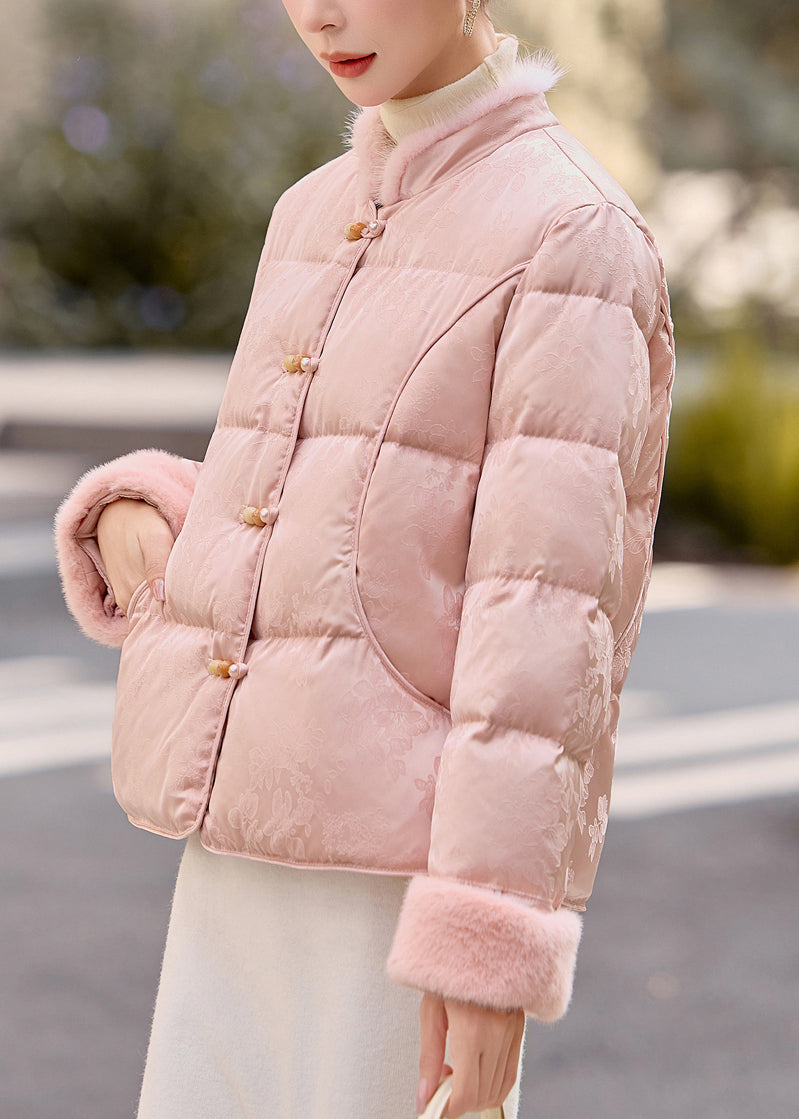 Pink Mandarin Collar Patchwork Mink Hair Duck Down Winter Coats