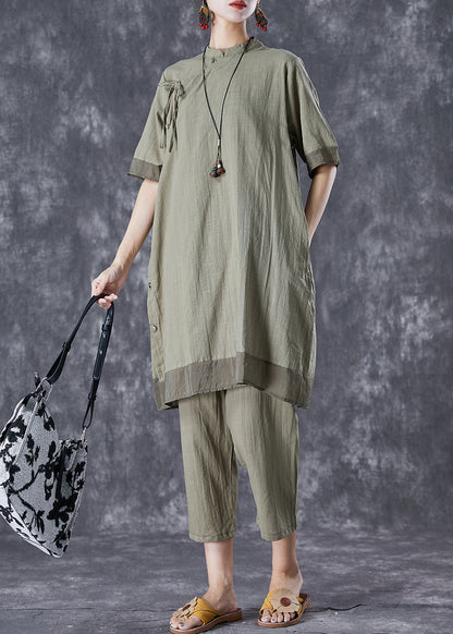 Green Patchwork Linen Two Pieces Set Mandarin Collar Lace Up Summer