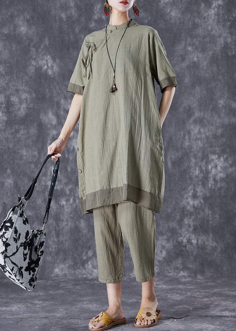 Green Patchwork Linen Two Pieces Set Mandarin Collar Lace Up Summer